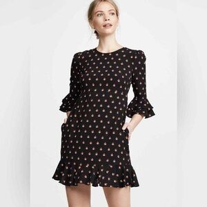 Diane Von Furstenberg DVF Elly Shift Dress in Fleur Dot Black Bell Sleeve 00 XS